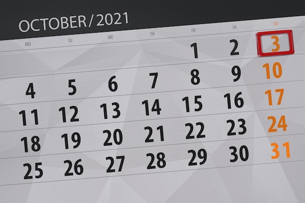 Planejador de calendário para o mês de outubro de 2021, prazo final, dia 3, domingo.