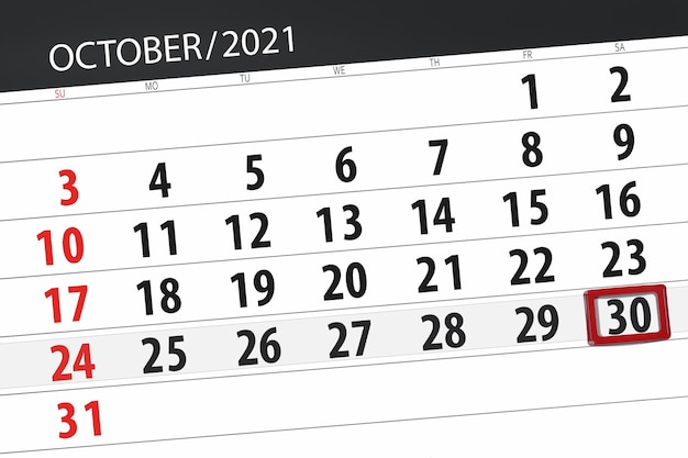 Planejador de calendário para o mês de outubro de 2021, prazo final dia 30, sábado.