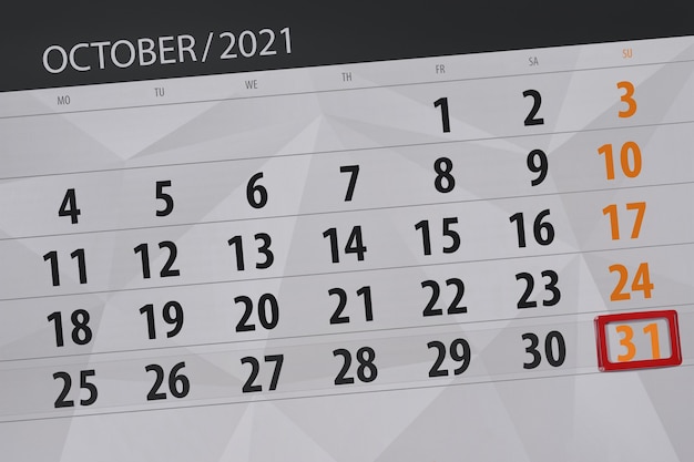 Planejador de calendário para o mês de outubro de 2021, prazo final dia 31, domingo.