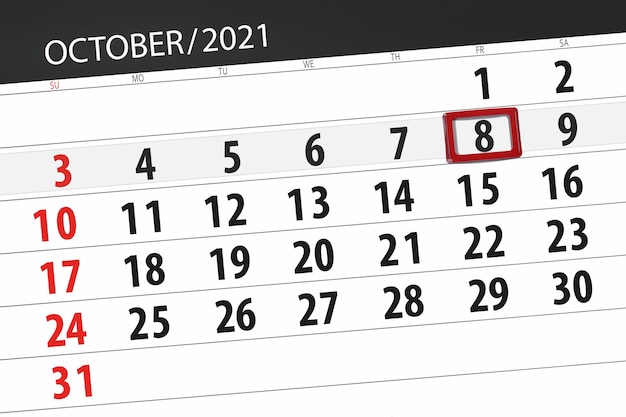 Planejador de calendário para o mês de outubro de 2021, prazo final dia, 8, sexta-feira.