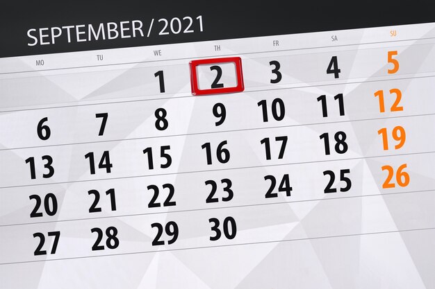 Planejador de calendário para o mês de setembro de 2021, prazo final, 2, quinta-feira.