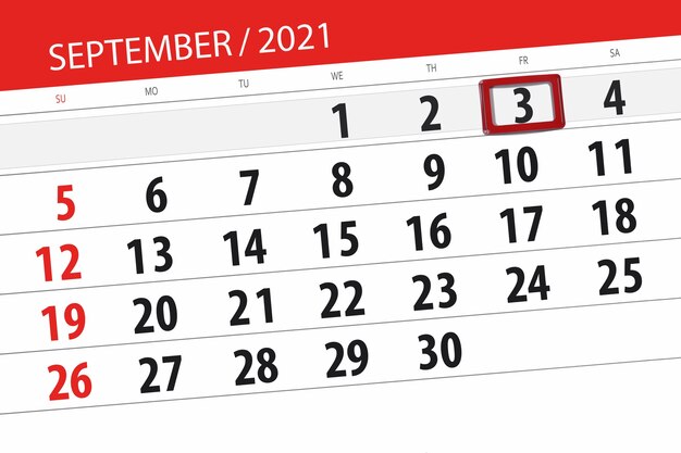 Planejador de calendário para o mês de setembro de 2021, prazo final, 3, sexta-feira.