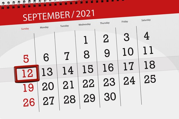 Planejador de calendário para o mês de setembro de 2021, prazo final dia, 12, domingo.