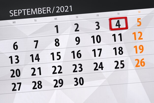 Planejador de calendário para o mês de setembro de 2021, prazo final, dia 4, sábado.
