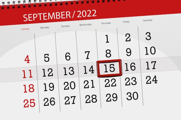 Planejador de calendário para o mês de setembro de 2022 prazo dia 15 quinta-feira