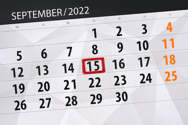 Planejador de calendário para o mês de setembro de 2022 prazo dia 15 quinta-feira