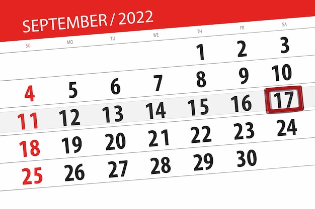 Planejador de calendário para o mês de setembro de 2022 prazo dia 17 sábado