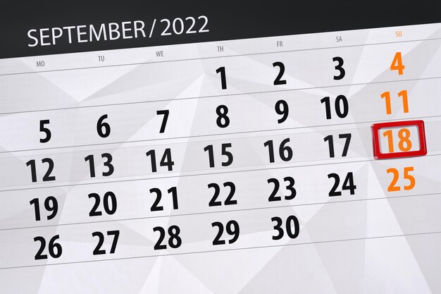 Planejador de calendário para o mês de setembro de 2022 prazo dia 18 domingo