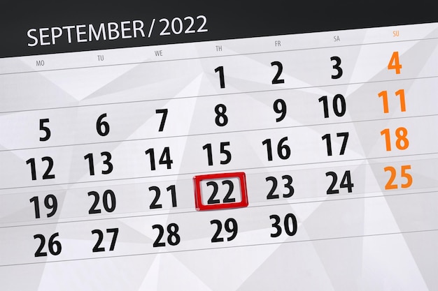 Planejador de calendário para o mês de setembro de 2022 prazo dia 22 quinta-feira
