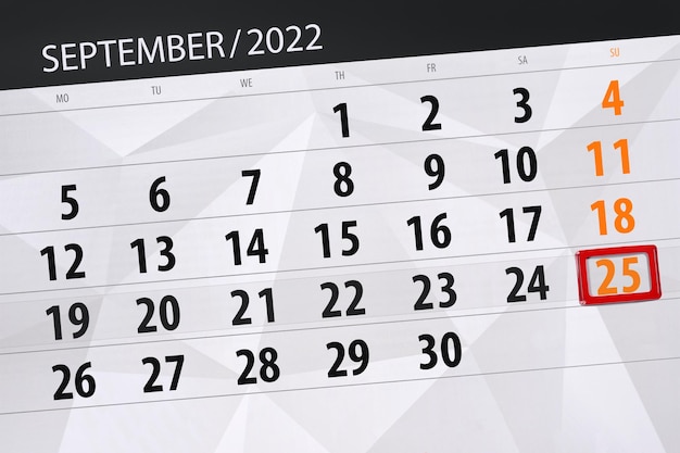 Planejador de calendário para o mês de setembro de 2022 prazo dia 25 domingo