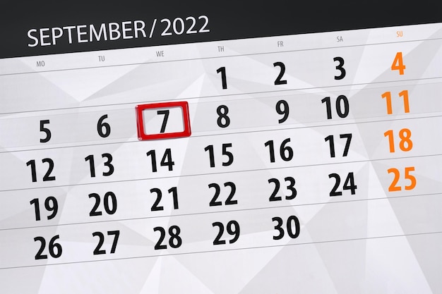 Planejador de calendário para o mês de setembro de 2022 prazo dia 7 quarta-feira