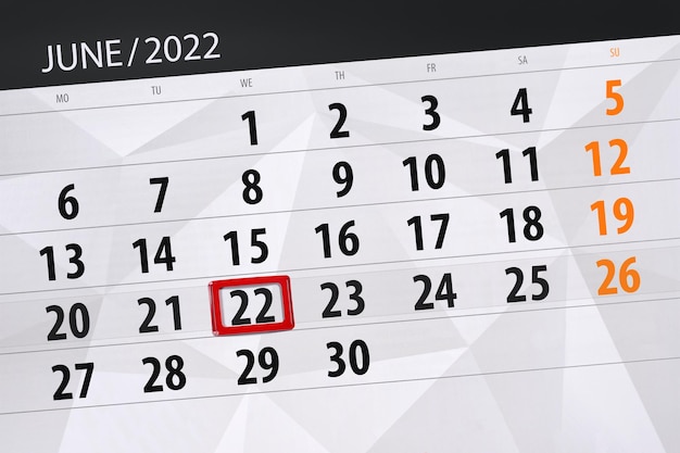 Planejador de calendário para o mês junho 2022 prazo final dia 22 quarta-feira