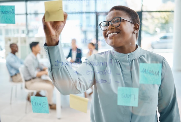 Planejamento de escrita e notas adesivas com mulher de negócios em marketing estratégico ou reunião de visão na empresa corporativa Idea post-it e mulher negra criativa trabalhando em moodboard ou brainstorming