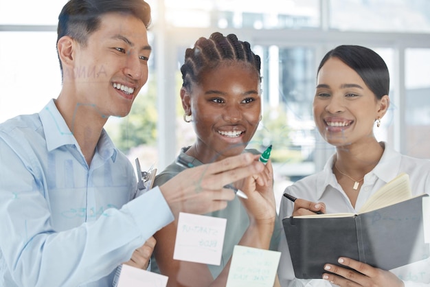 Planejamento de reunião de negócios em notas adesivas ou trabalho em equipe para estratégia com pessoas de negócios na parede de vidro no escritório Redação de diversidade e trabalhadores de análise criativa em colaboração pensando na ideia