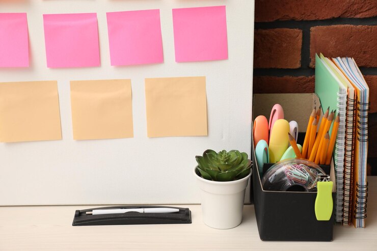 Foto planejamento e otimização de processos de negócio lugar de trabalho com notas de papel coloridas e outros artigos de papelaria na mesa