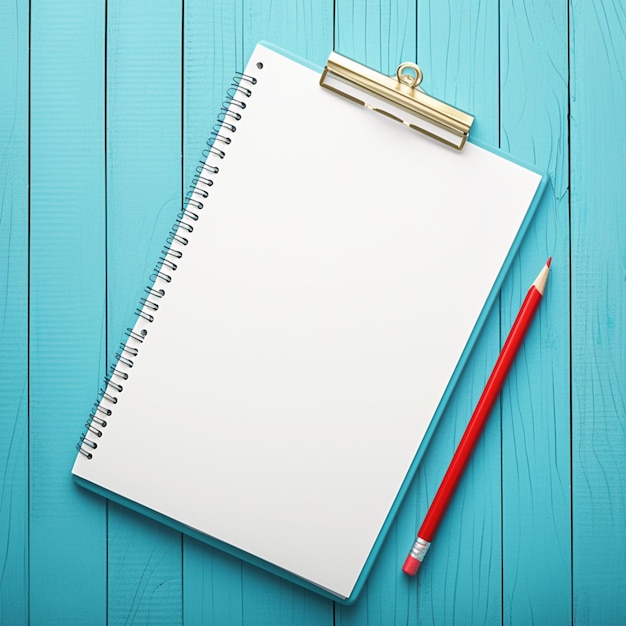 Planejamento organizado Caderno de notas e lápis vermelho em mesa de madeira azul Para mídia social Tamanho da postagem