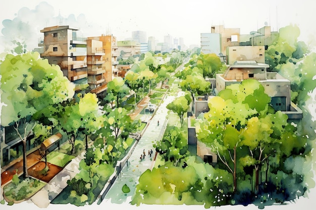 Planejamento Urbano Sustentável Ilustração em Aquarela Conceito de Parque Verde