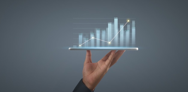 Planeje o crescimento do gráfico e o aumento dos indicadores positivos do gráfico em seu negócio no tablet