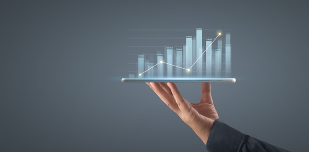 Planeje o crescimento do gráfico e o aumento dos indicadores positivos do gráfico em seu negócio no tablet