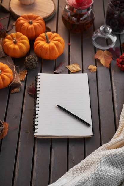 Planen Sie eine Aufgabenliste. Herbststimmungskomposition auf einem Holztisch mit Kürbissen, Eberesche und Blättern. Öffnen Sie Notizblock und schwarzen Kaffee in der roten Tasse und auf grauem Holztisch, wärmendes Getränk