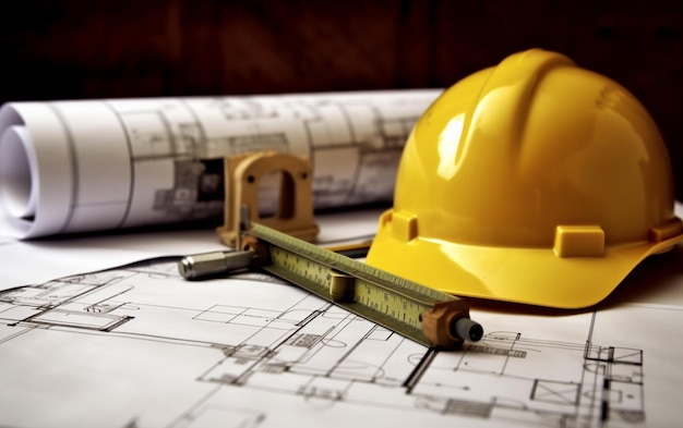 Planes de construcción con casco blanco y herramientas de dibujo en el plano
