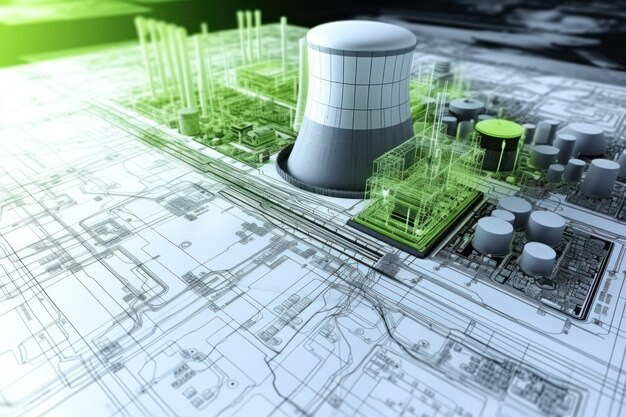 Planes de diseño de la central nuclear y modelo 3D