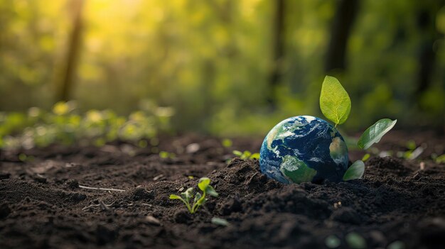 Planet Erde auf dem Boden im Wald mit Pflanzen KI