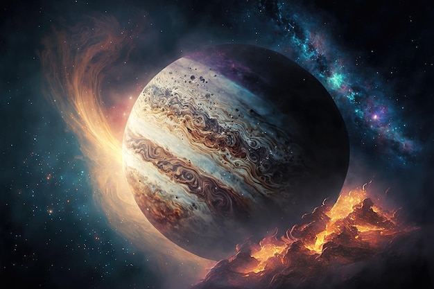 Planet Jupiter und der kosmische Galaxiennebel Bewegung von Gas auf der Oberfläche des Planeten Fantastische Weltraumlandschaft 3D-Darstellung