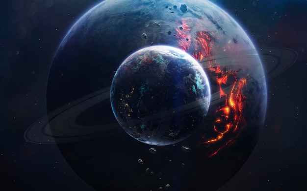 Planet mit Eisringen, der durch die endlosen kosmischen Landschaften mit hell leuchtenden Sternen reist
