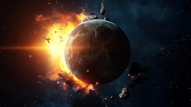 Planet zerstört im Raum, der mit Sternfackeln Asteroiden kosmischem Hintergrund umgibt Generative Ai