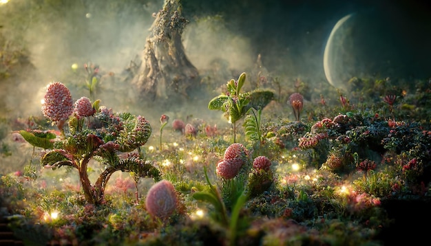 Planeta alienígena com árvores e flores brilhantes