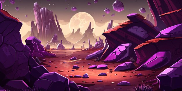 Planeta alienígena com fundo de jogo 2D de solo roxo ilustração digital de cenário para jogo espacial AI