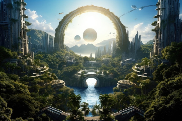 Planeta alienígena de fantasía con hermoso paisaje Ilustración de renderización 3D Una metrópolis futurista ubicada en una exuberante jungla que muestra la armonía entre la naturaleza y la tecnología Generada por IA