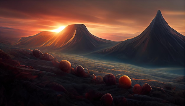 Planeta alienígena de fantasía sobre la montaña con salida del sol