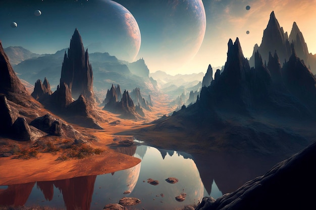 Planeta alienígena con luna y montañas creado con tecnología de IA generativa