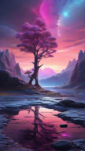 Foto en un planeta alienígena mirando sobre el paisaje del valle gigante luces de neón y horizontes lejanos pocos árboles cerca