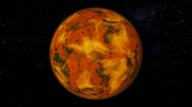 Planeta alienígena quente com atividades vulcânicas Dying World Exoplaneta colorido Paisagem na lua alienígena orbitando um exoplaneta gigante de gás Ilustração 3D de guerra nas estrelas