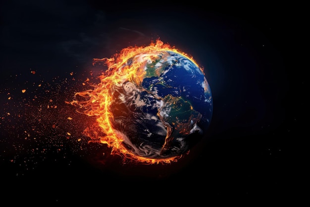 Un planeta ardiente Tierra envuelto en llamas en un fondo cósmico oscuro que muestra una representación dramática del cambio climático y la urgencia ambiental