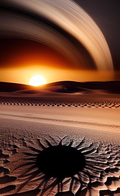 Foto un planeta en la arena con un anillo alrededor