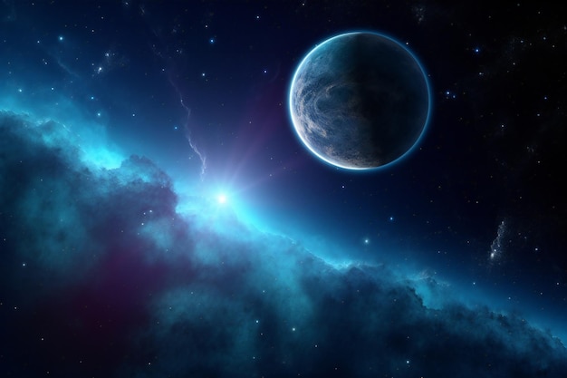Planeta azul en el espacio con estrellas y nebulosas.