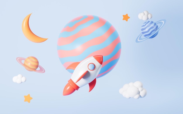 Planeta y cohete en el fondo azul Representación 3d de la escena del universo de dibujos animados