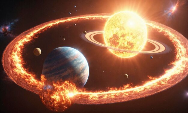 El planeta en colisión cósmica se encuentra con el sol en un ballet celestial