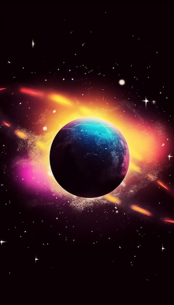 Un planeta colorido con un fondo negro y un planeta brillante en el medio.