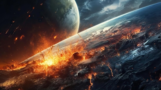 Planeta de fogo com fumaça e chamas girando em torno dele cena cinematográfica de ficção científica