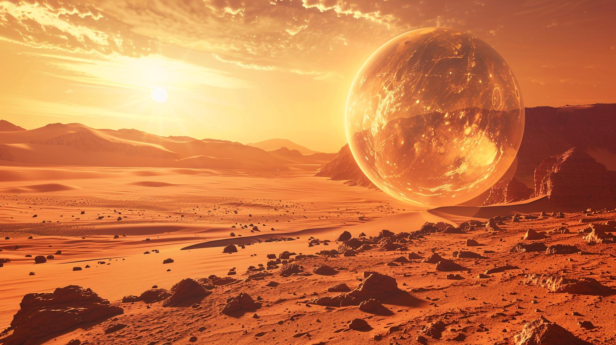 un planeta en un desierto con el sol poniéndose detrás de él
