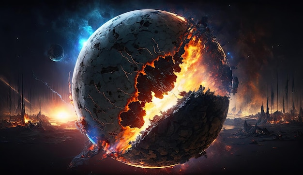 Planeta destruido en el espacio que rodea con bengalas estelares asteroides fondo cósmico generativo Ai