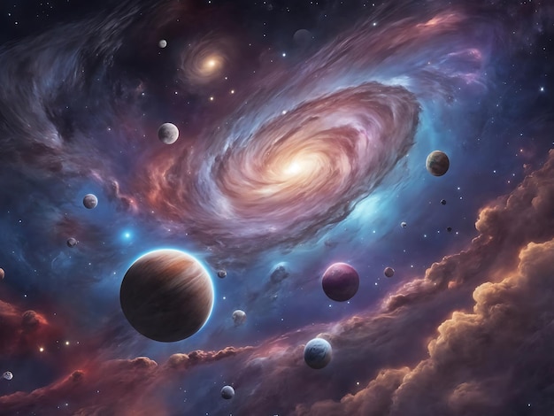 Planeta distante da galáxia com estrelas e poeira espacial no universo