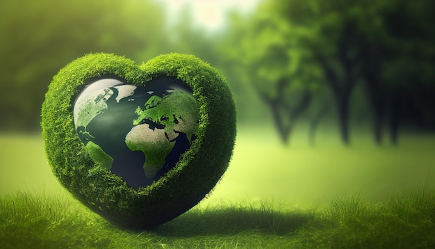Planeta em forma de coração no gramado verde para o dia da terra