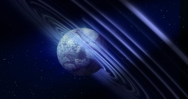 Planeta espacial azul abstrato com um anel de cinturão de asteróides redondo hitech futurista