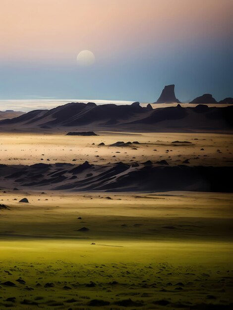 un planeta en el espacio con rocas desérticas con llanuras mixtas y un horizonte cinematográfico con pocos humanos